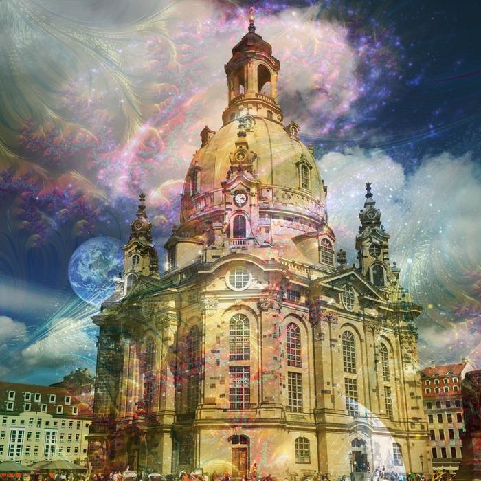 a large architectural building against the background of clouds
