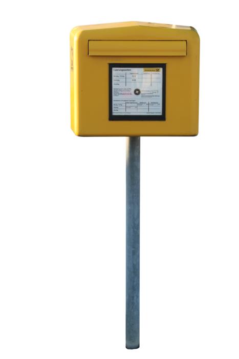 The mailbox is yellow on a post