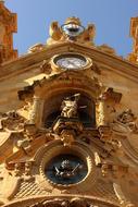 Beautiful, decorated architecture, at blue sky on background, in San Sebastian, Spain