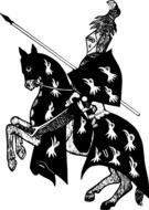medieval knight riding horse, black and white drawing
