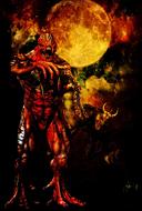Drawn red monster on a background of a yellow and orange fiery moon