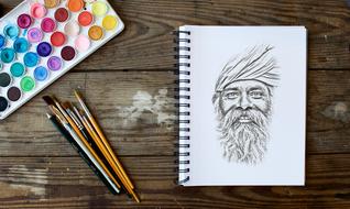 watercolor, brushes and portrait of indian man