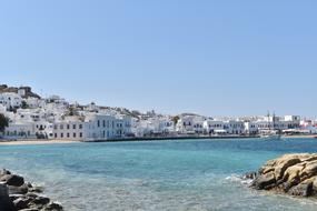 panorama of buildings on the shore of Mykonos island, Greece