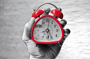photo of red alarm clock in hand