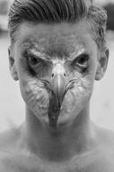 bird of prey beak over male face, collage