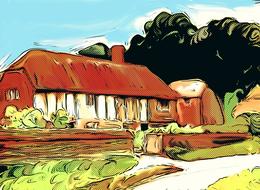 cottage building halftone drawing