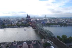 top view of city on both sides of Rhine river, Germany, Cologne