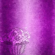 Beautiful, purple drawing of the basket, with flowers, at purple, gradient background, clipart