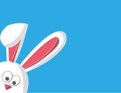 Cute and beautiful, white and pink Easter bunny, at blue background, clipart