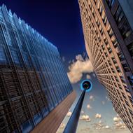 street lantern between skyscrapers, low angle view