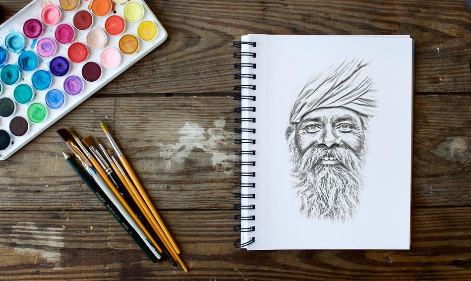watercolor, brushes and portrait of indian man