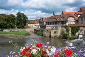 Beautiful SchwÃ¤bisch Hall view with colorful flowers in Germany