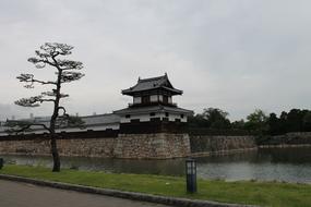 Beautiful landscape with the Japanese Gate house, among the water and green plants