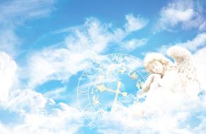 Fantasy, Angel in front of Clock on clouds