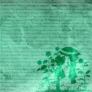 Beautiful, green, vintage paper with text, and silhouettes of the couple, with umbrella, among the plants, clipart