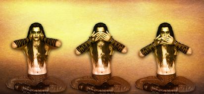 long hair fantasy man, pictorial maxim, see no evil, hear no evil, speak no evil