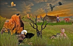 village home and wolf and childe and birds drawing