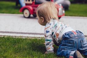 Kid playing on the green grass