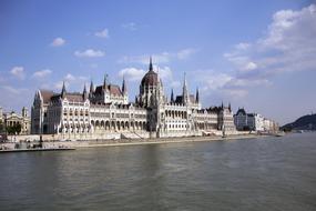 distant view of the parliament by the river in budapest