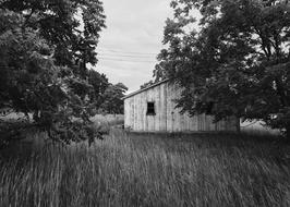 monochrome photo of an abandoned hut