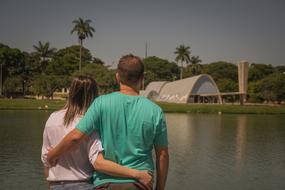 happy couple by the lake