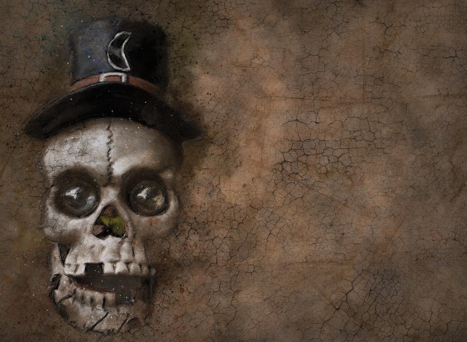Skull with black and brown hat with half moon at brown background