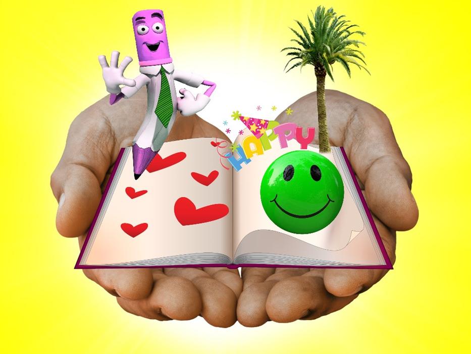 open book, cartoon pencil, emoticon on hand