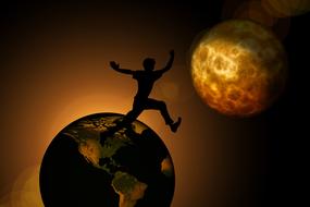 silhouette of male person jumping from earth to space, collage