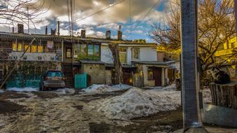 Beautiful and colorful yard in the house in snow, in Odessa, Ukraine