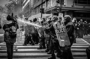 People Police Protest black and white