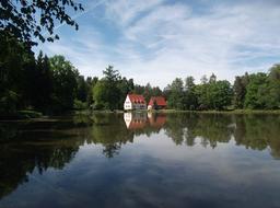 Pond and small white House