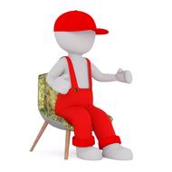 a man sits a red worker