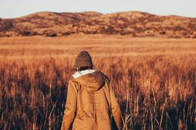 Back view of person in Hoodie at rural landscape