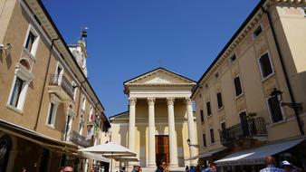 Beautiful architecture of Bardolino at blue sky background in Italy