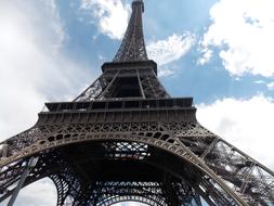 eiffel tower against the sky with clouds