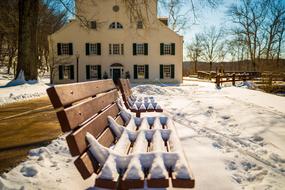 benches in the snow in the park on a sunny day