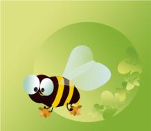 Colorful, flying bee at background with green leaves and shapes, clipart