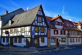 Beautiful and colorful, old houses, on the street, in Frankfurt, Germany