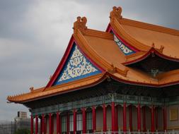 Beautiful and colorful, patterned roof of the traditional temple, in Taipei, Taiwan, under the cloudy sky