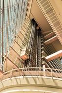 photo of elevators and railing in a modern office building in the port of Dusseldorf