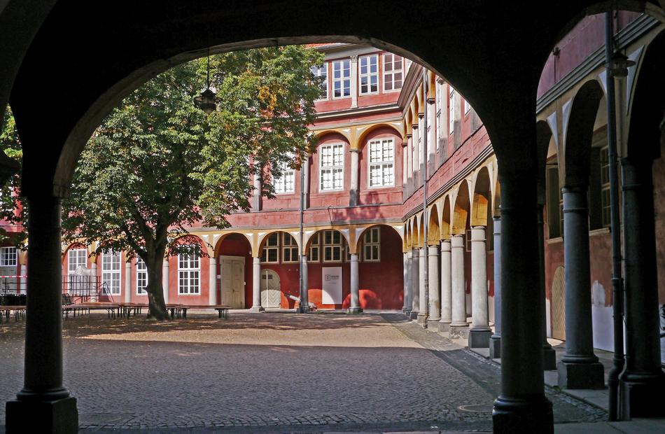 Beautiful and colorful castle with the columns and courtyard in WolfenbÃ¼ttel, Germany