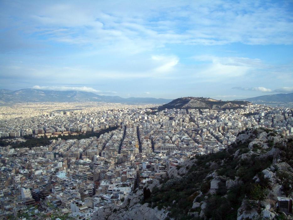 Beautiful city view of Athens with hills in Greece