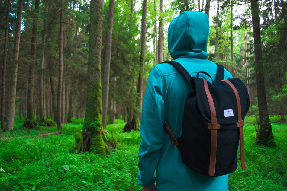 lonely man with a backpack in the woods