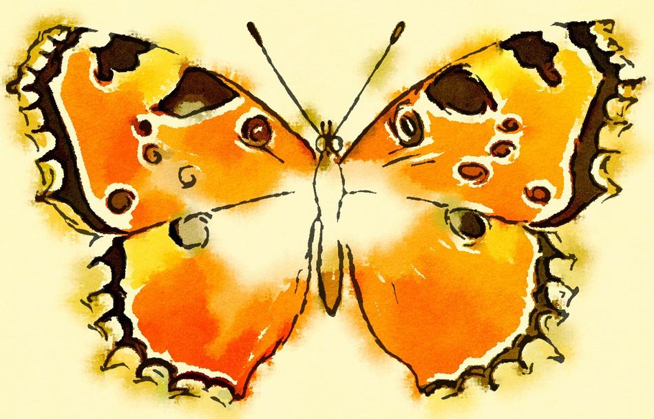 watercolor, yellow butterfly on beige background