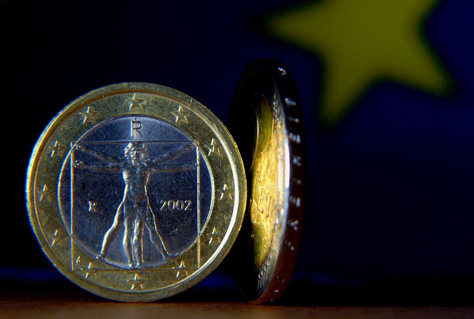 Views of the colorful, shiny euro coin with images