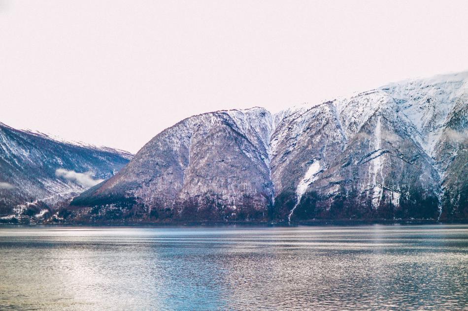 lake scenery with snowy mountains
