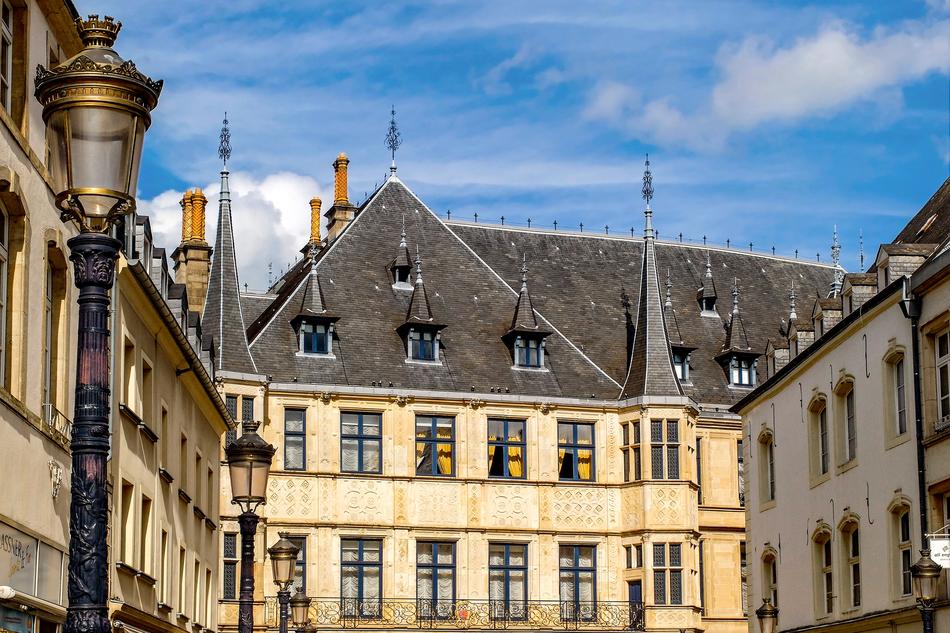 Beautiful and colorful Ducal palace in Luxembourg, under the blue sky with white cloud