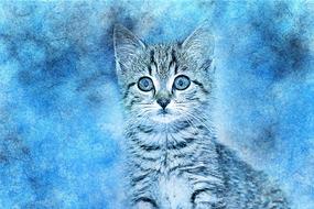 Beautiful, vintage, blue drawing of the cat, of different shades, clipart