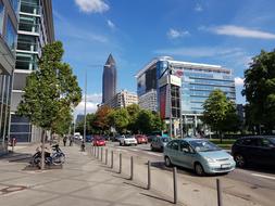 Beautiful and colorful cityscape of Frankfurt, with the cars and trees in Germany