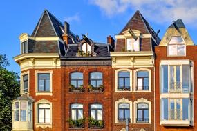 Beautiful and colorful house, with the windows, in Amsterdam, Netherlands, near the green plants, under the blue sky with clouds